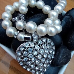 Faux Pearl Necklace & Silver tone Crystal Heart Pendant